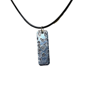 Handmade stamped floral bee silver rectangle pendant Black leather cord necklace